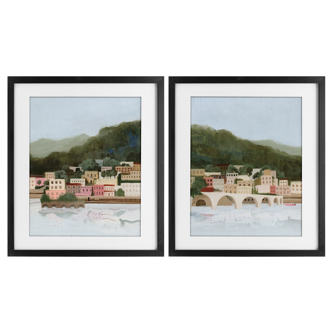 Stupell Industries Mountain Town by Sea 2pc Framed Print Under Glass Set, design by Grace Popp